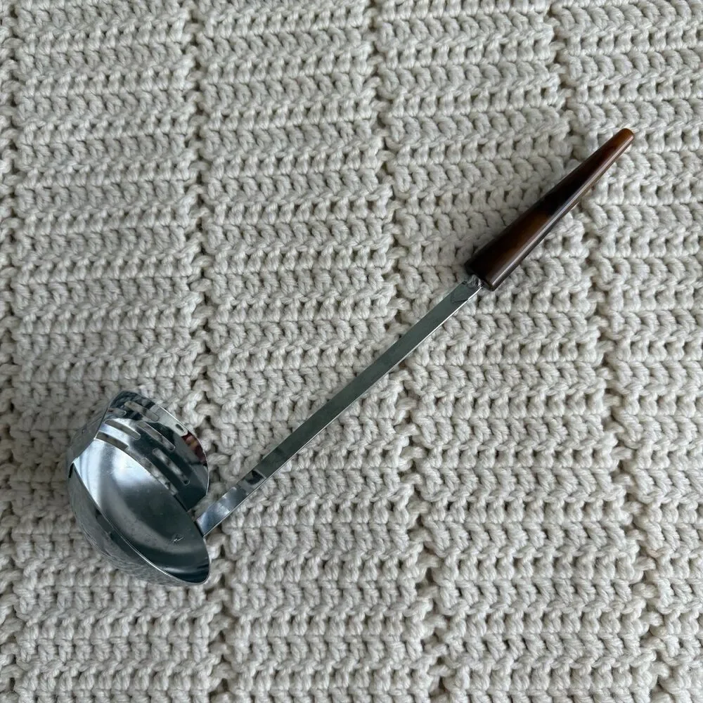 Vintage 11” Ladle with Strainer Butterscotch Bakelite Bullet Handle Chrome Plate